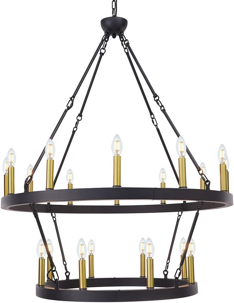 Black and Gold Wagon Wheel Chandelier 2 Tier, Large Farmhouse Round Pendant Light Fixture Industrial Chandelier Lighting, H43.3 x D38 with Adjustable Chain