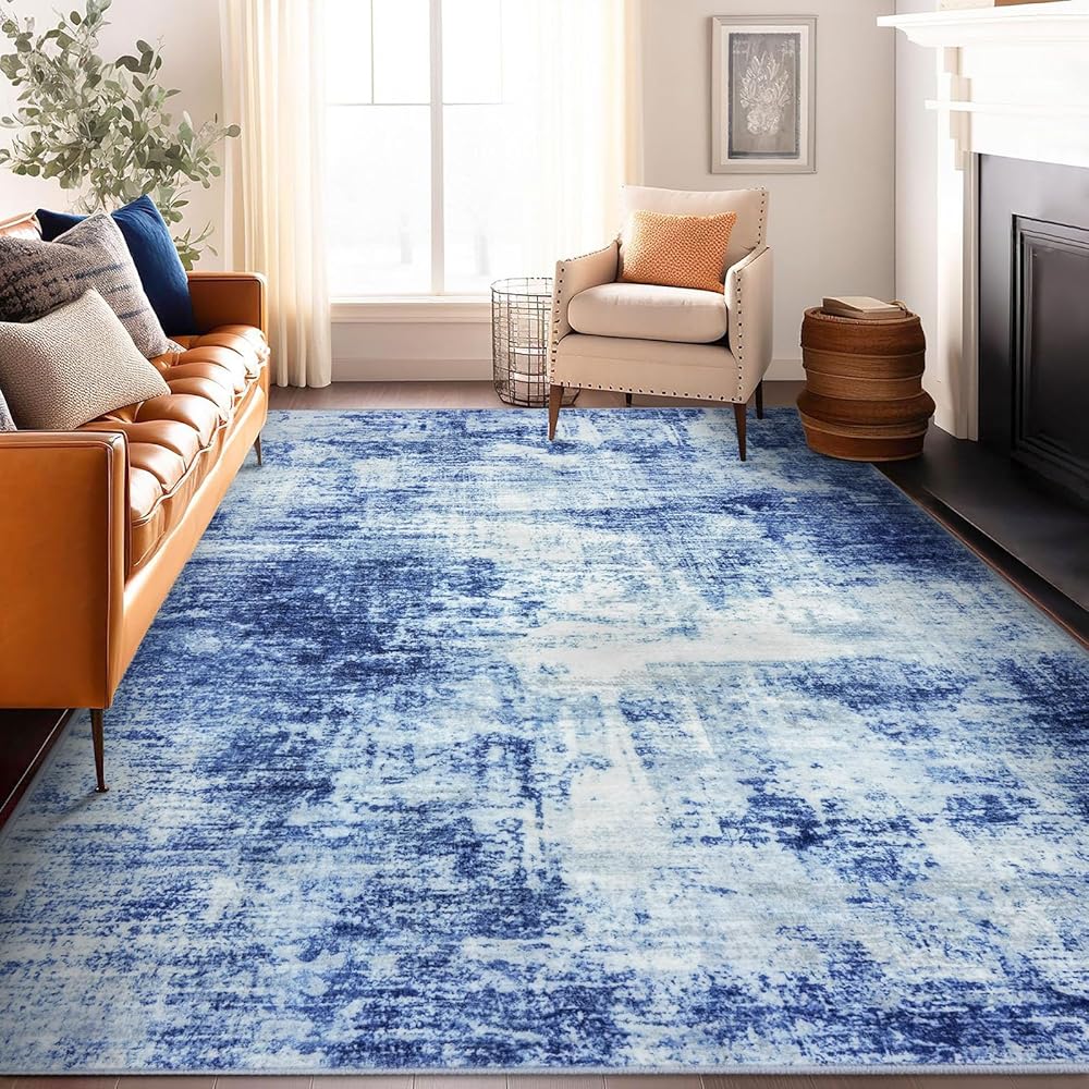 IOHOUZE Abstract Area Rugs 9x12 Ft Washable Large Rugs for Living Room, Non Slip Dining Room Rug with Rubber Backing, Faux Wool Rugs for Bedroom, Floor Carpet for Office Nursery Playroom, Navy