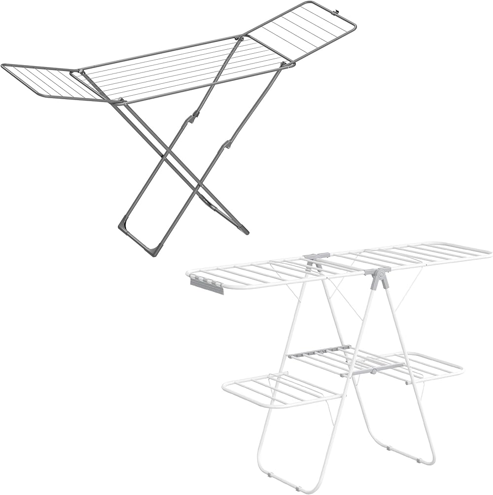 SONGMICS Two-Level Clothes Drying Rack and Metal Clothes Drying Rack Bundle, Foldable Laundry Drying Rack, Laundry Drying Rack with Gullwings, White and Gray ULLR053G01 and ULLR540G01
