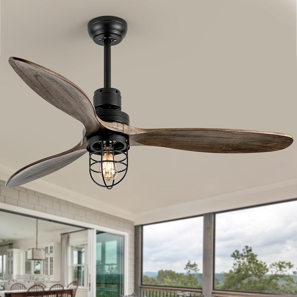 52 Inch Rustic Outdoor Ceiling Fan with Light and Remote, 3 Wood Blades, Include Bulbs Modern Black Farmhouse Industrial Ceiling Fan for Outdoor Ceiling Fans for Patios,Porch,Bedroom