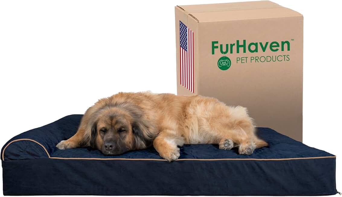 Furhaven Orthopedic Dog Bed for Extra Large Dogs w/ Bonus Water-Resistant Liner & Removable Washable Cover, For Dogs Up to 300 lbs - Goliath Quilted Faux Fur & Velvet Bolster Chaise - Dark Blue, 4XL