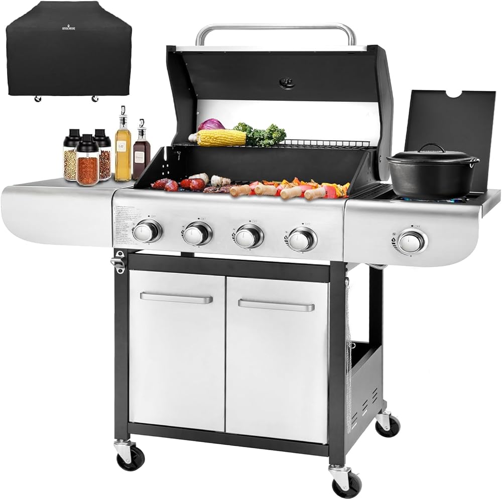 4-Burner Propane Gas BBQ Grill with Side Burner, 53,000 BTU Output with Enameled Cast Iron Grates for Patio Garden Barbecue, Stainless Steel