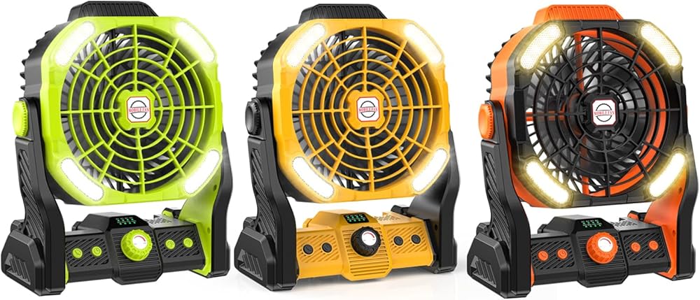 Portable Camping Fan for Tents - 20000mah Rechargeable Battery Operated Fan With LED Light, Portable Travel Fans for Home, Desk, Outdoor, Sleeping (yellow+orange+green)