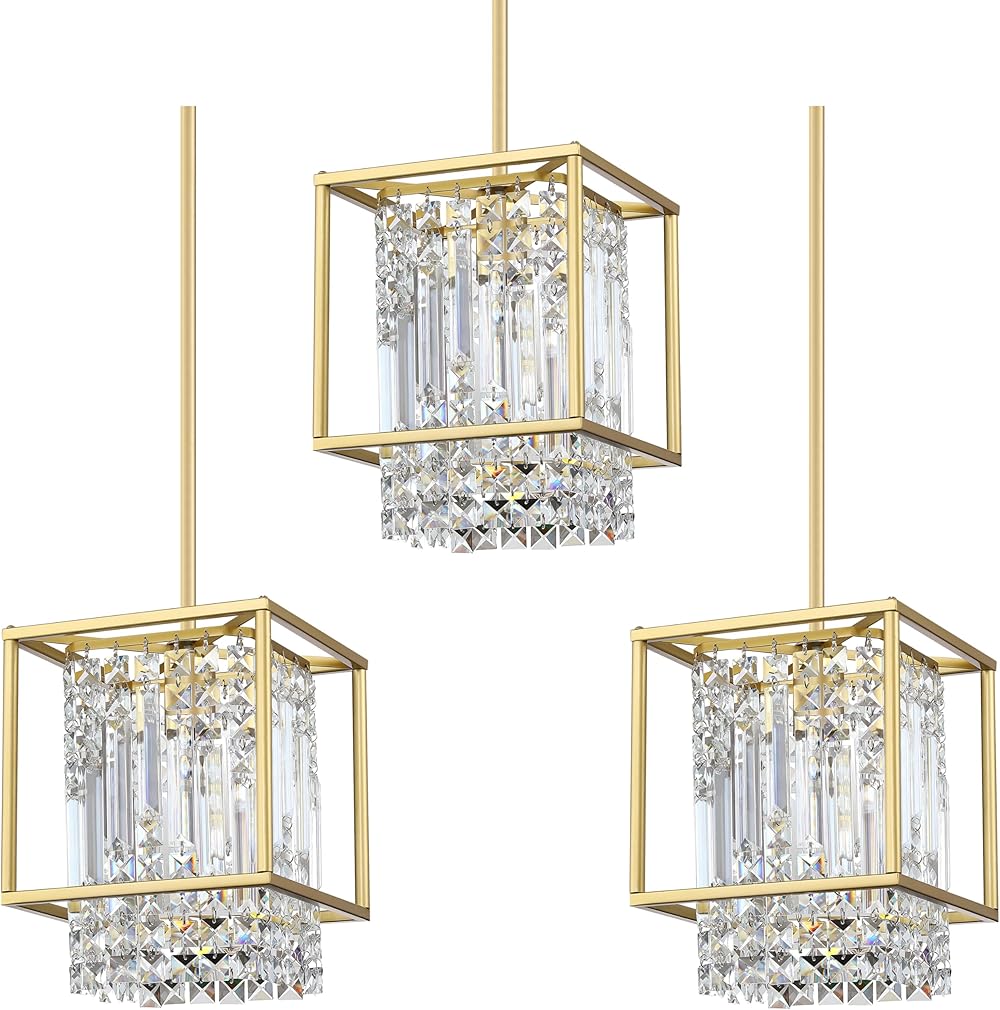 Hanging Kitchen Island Crystal Modern Pendant Light Fixture,Gold Finish with Crystal Shade for Bar,Dining Room,Corridor,Living Room Over Sink (10