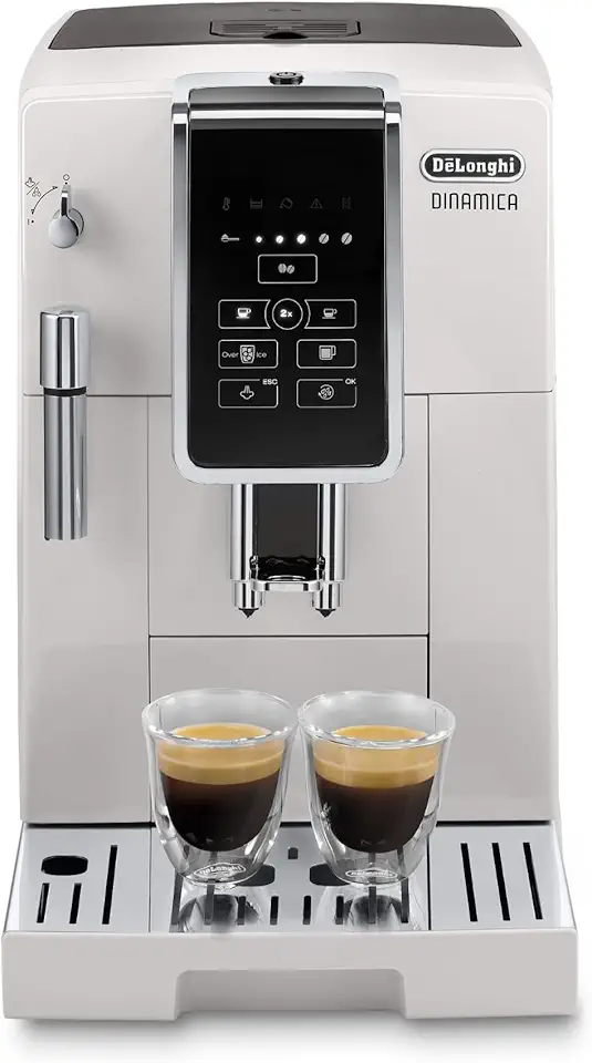De'Longhi Dinamica Espresso Machine, White - Automatic Bean-to-Cup Brewing, Built-In Steel Burr Grinder & Manual Frother - One-Touch Hot & Iced Coffee - Easy Cleanup