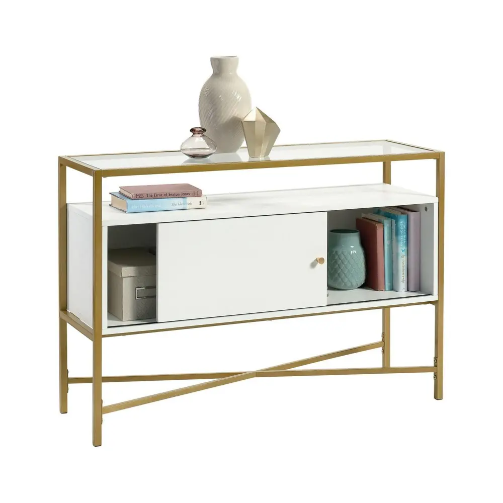 Sauder Harper Heights Contemporary White Glass-Top Accent Table, White Finish