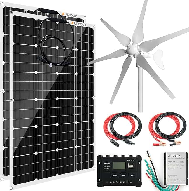 640 Watts 24 Volt Solar Wind Hybrid System Kit: 400W 6-Blade Wind Turbine Generator with Charge Controller,2pcs 120W Flexible Monocrystalline Solar Panel,Accessories,