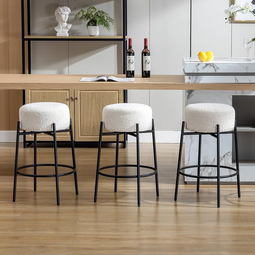 Swivel Counter Stools, Island Chairs, Counter Height Bar Stools, Stools for Kitchen Counter, Boucle Fabric Upholstered with Metal Base, 26 inches H, Set of 3, White
