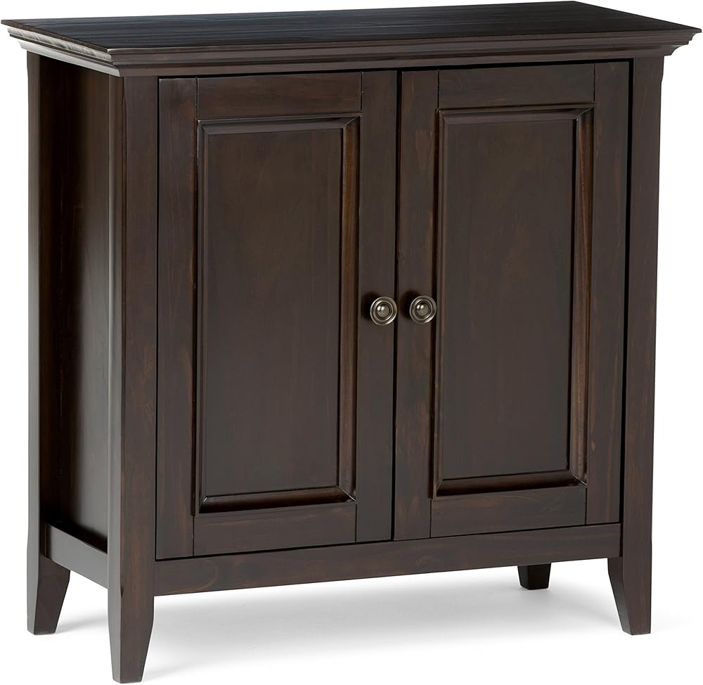 SIMPLIHOME Amherst SOLID WOOD 32 inch Wide Transitional Low Storage Cabinet in Hickory Brown for the Living Room, Entryway and Family Room
