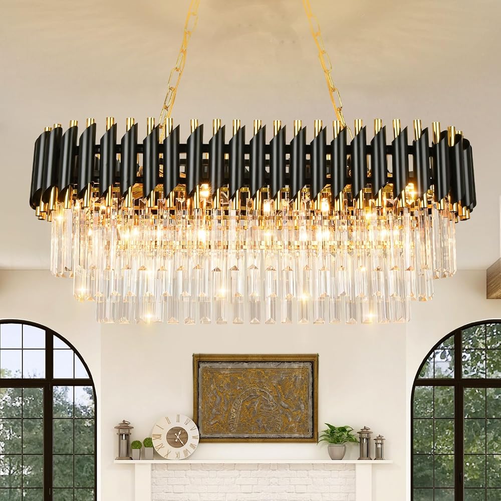Modern Chandelier Luxury Black Gold Oval Crystal Pendant Light Fixture for Dining Room Kitchen Island, L31.5 inch