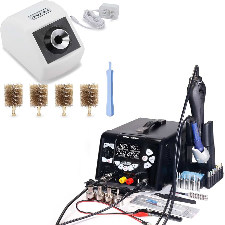 YIHUA 853D 5A-II 3 in 1 Hot Air Rework Soldering Iron Station and DC Power Supply 30V 5A bundles with YIHUA 200C Motorized Soldering Iron Tips Copper Cleaner