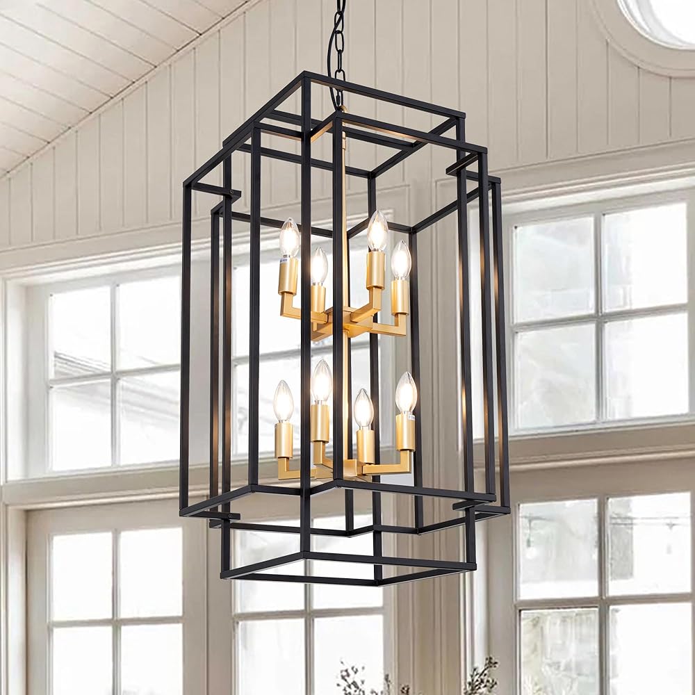 Wellmet Black Gold Modern Farmhouse Chandelier, 8-Light Industrial Pendant Light, Black Gold Rustic Chandelier, Suit for Living Room, Foyer, Hallway, Corridor, Dining Room, Kitchen