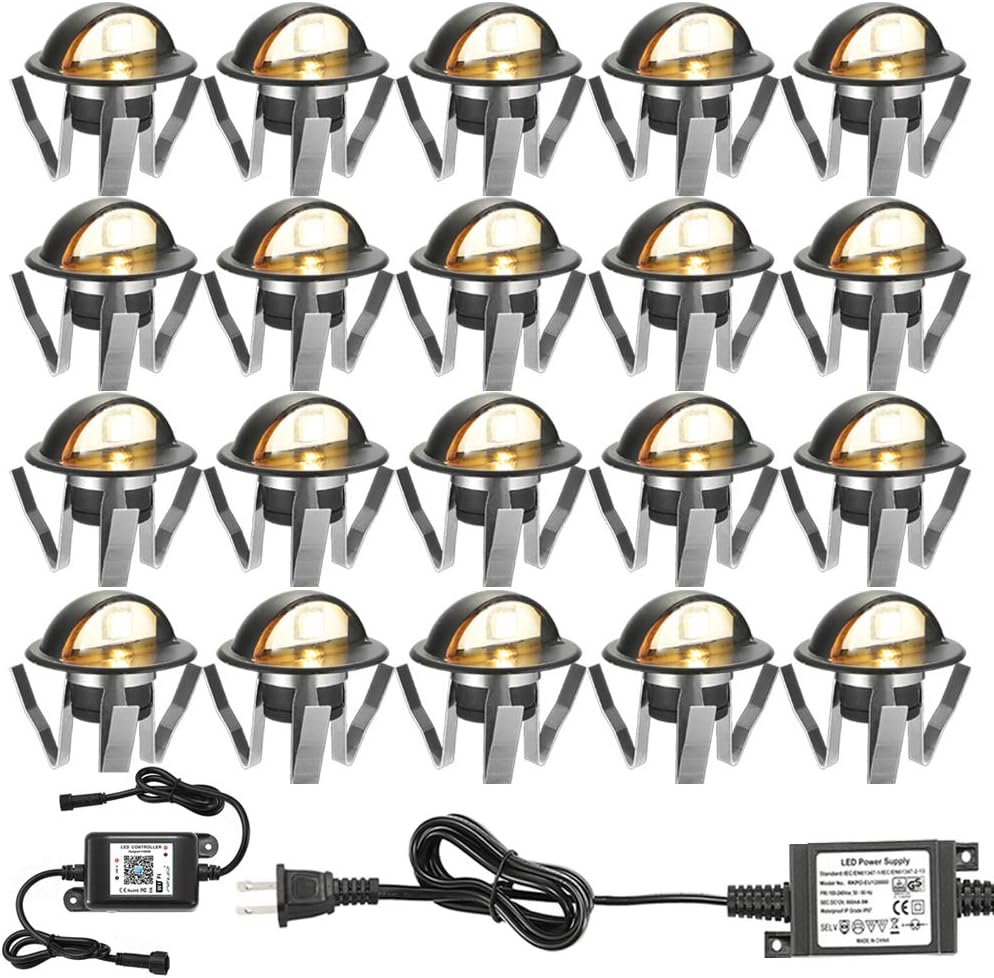 FVTLED WiFi Deck Lights, WiFi Controlled 20pcs Low Voltage LED Deck Lights Kit Φ1.38 Outdoor Recessed Step Stair Warm White LED Lighting Work with Alexa Google Home, Black