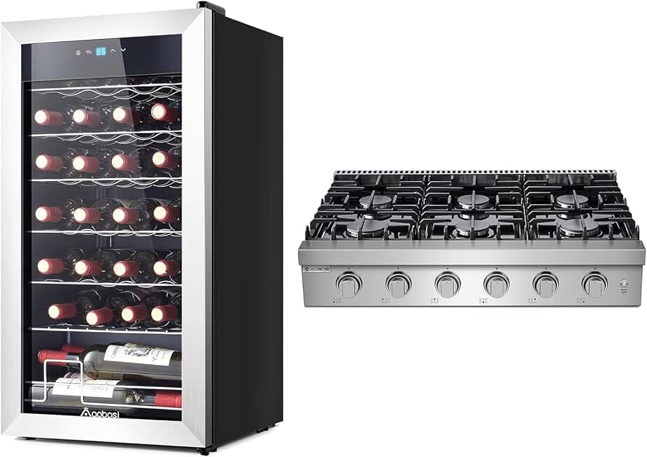 AAOBOSI Gas Cooktop 36 inch Gas Stove Built-in Gas Range Commercial Gas Stove Top, Wine Fridge, 28 Bottle Wine Cooler 46-66℉ Beverage Wine Refrigerator, Glass Door Free Standing Mini Wine Cellar