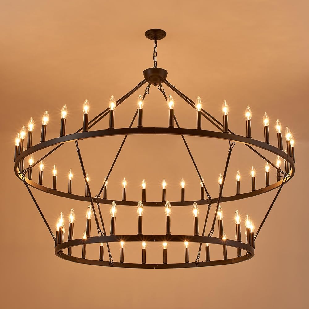 Black Farmhouse Wagon Wheel Chandelier 2 Tier 60-Light 63'' Extra Large Round Hanging Pendant Light Fixture for High Ceiling Kitchen Island Living Dining Room Bedroom Hallway Entryway Foyer