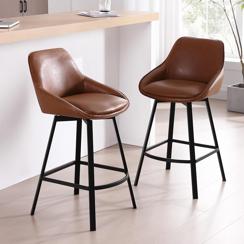 Zesthouse 26'' Swivel Bar Stools Set of 2, Counter Height Bar Stools with Backs, Upholstered Faux Leather Barstools with Metal Legs, Modern Counter Stools for Kitchen Island, Brown