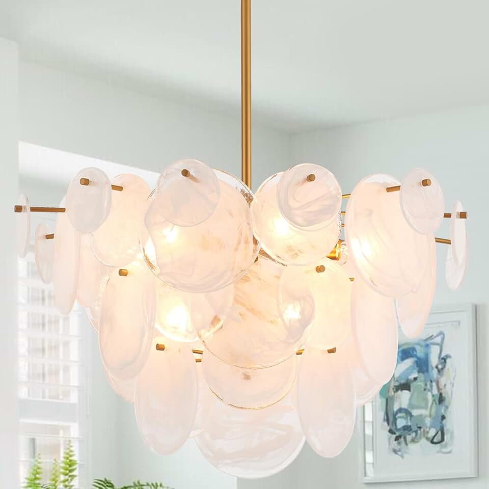 Dia 28 Inch, Modern Glass Chandeliers for Bedroom, Gold Dining Room Light Fixture, Large Vintage Pendant Chandelier for Living Room Stairway Entryway Kitchen Farmhouse Foyer