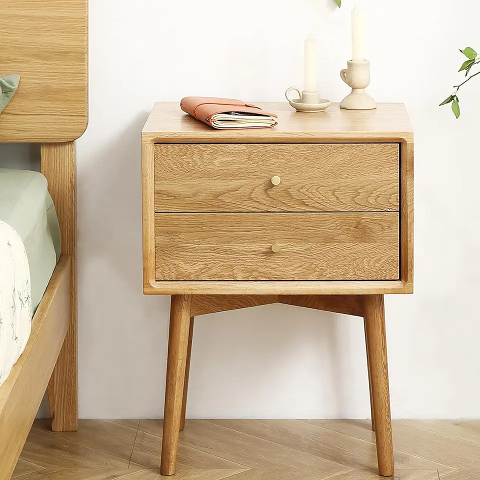 Mid Century Modern Nightstands, Oak Bedside Table Solid Wood End Table with Drawers Real Wooden Cabinet Organizer for Bedroom, Natural Color