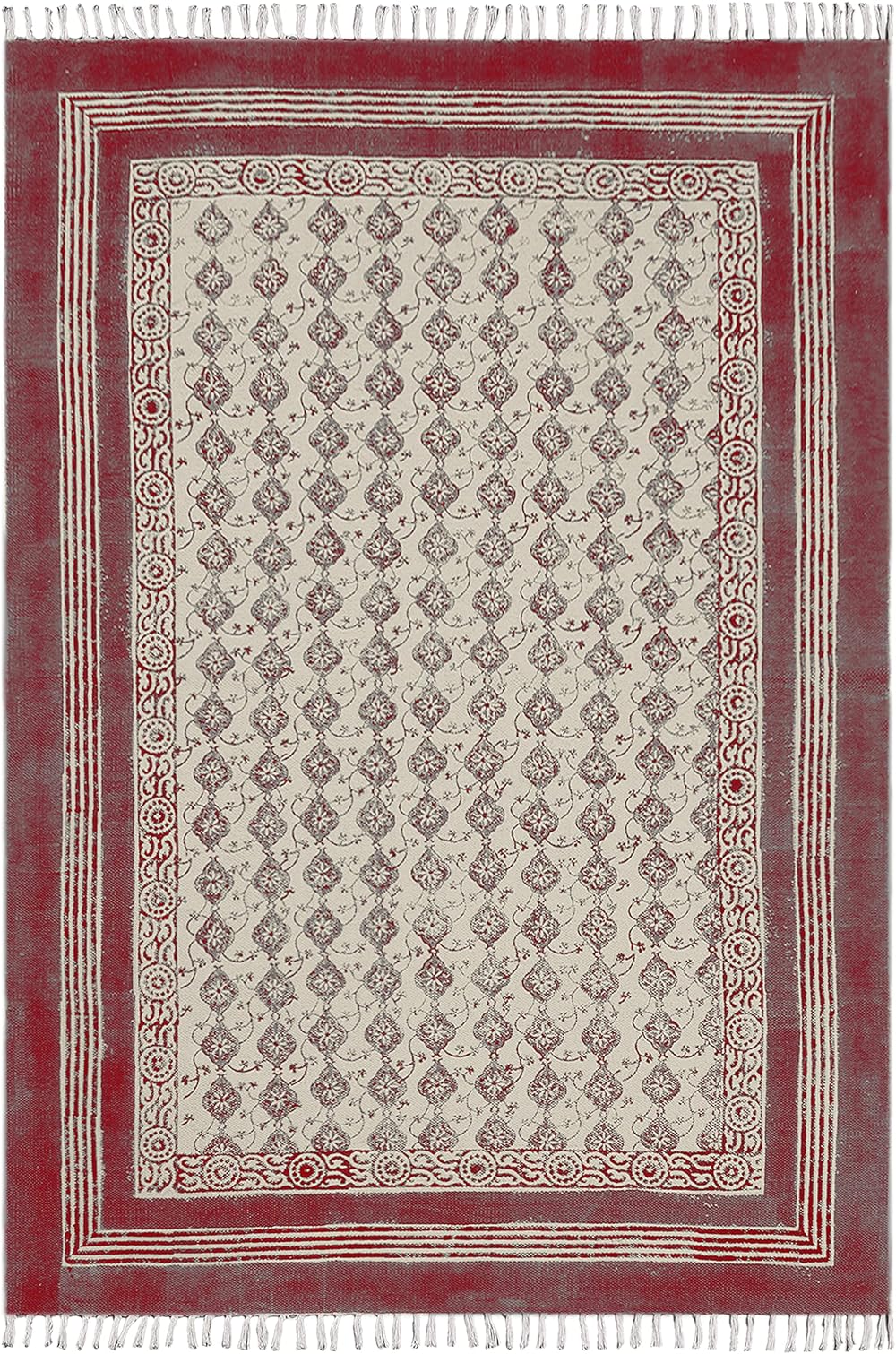 Hand Block Printed Pink Floral Area Rug Flat Weave Hand Woven Tassel Boho Kilim Rug Indian Bohemian Rug Hand Woven Cotton Rugs for Bathroom Gurest Room Kid Room 180x240 cm (6x8 Feet)