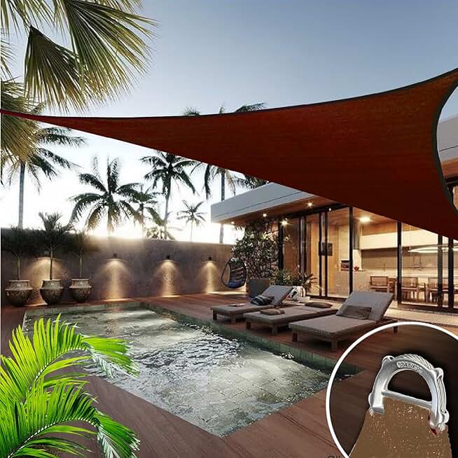 Reinforced Wire Ring 32' x 32' x 32' Brown Triangle Shade Sail, Commercial Grade Canopy, Reinforced Corners and Edges