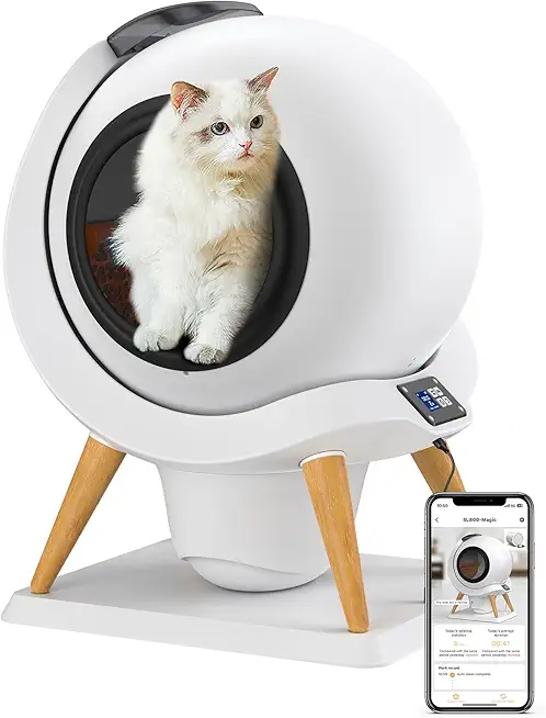 HoneyGuaridan Self Cleaning Cat Litter Box Automatic Cat Litter Box, APP Control Health Monitoring for Multiple Cats, Anti-Pinch/Odor-Removal Design, Dual Power Supply, with 2 Rolls Garbage Bags/Mats