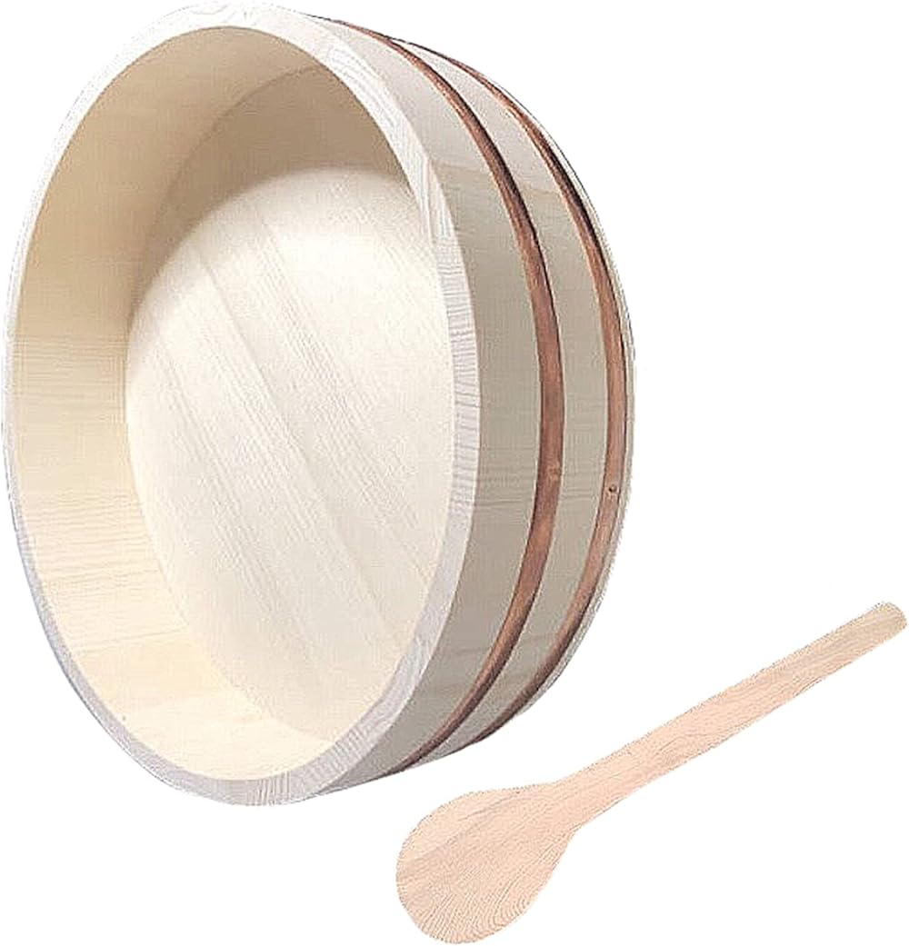 Round Sushi Rice Bowl with Shovel, Wooden Hangiri Oke Sushi Rice Tub with Copper Band, Rice Mixing Bowl Tub for Restaurant Home Kitchen,72x16cm