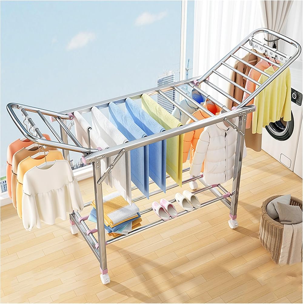 Small apartment Clothes drying rack, Stainless Steel laundry rack drying collapsible, Floor-standing folding indoor clothes rack,portable drying rack Washing Airer,With Height Adjustable Wings