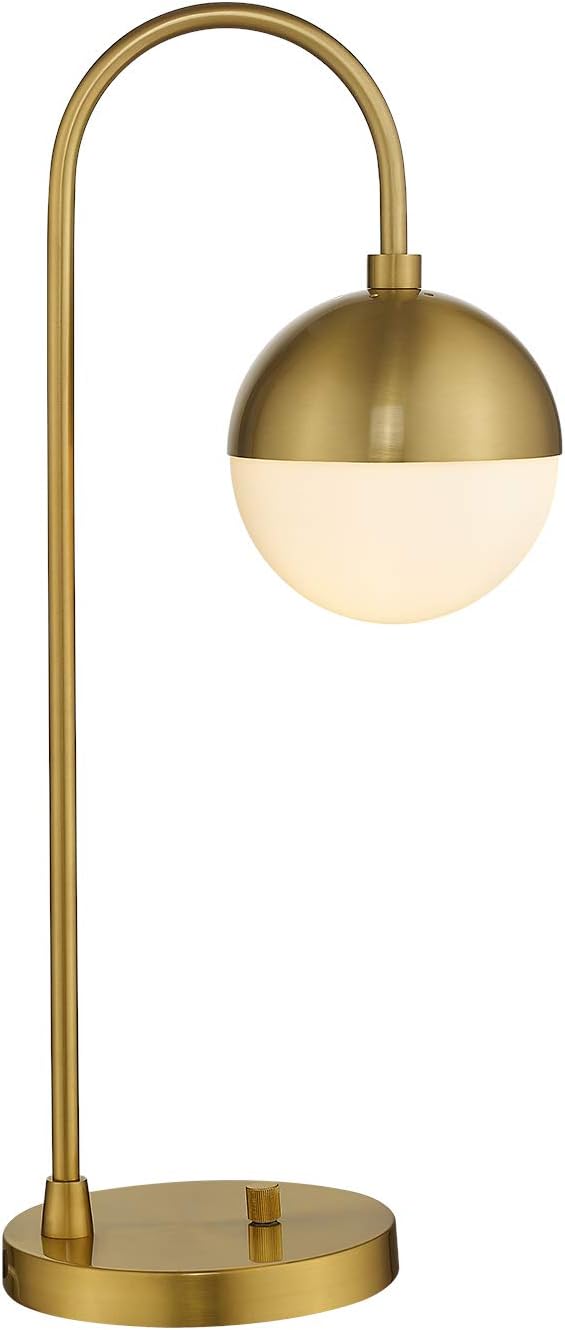 LMS Modern Gold Table Lamp with White Glass Globe, Gold Desk Light Bedside Lamp with Brushed Brass Finished for Living Room Office Nightstand, Dimmable Switch