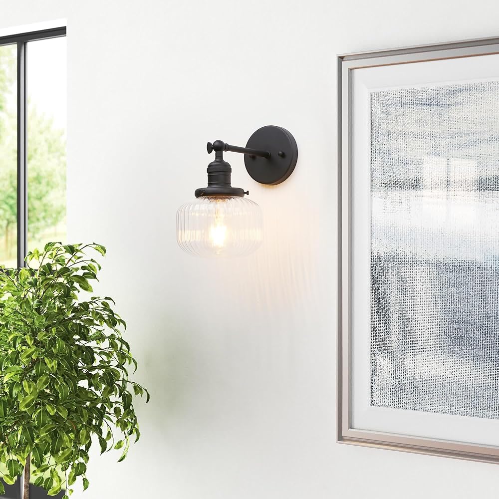 Industrial Vintage Wall Sconce 1-Light 2-Light with Clear Striped Glass Globe Shades Wall Mounted Lamp Fixture