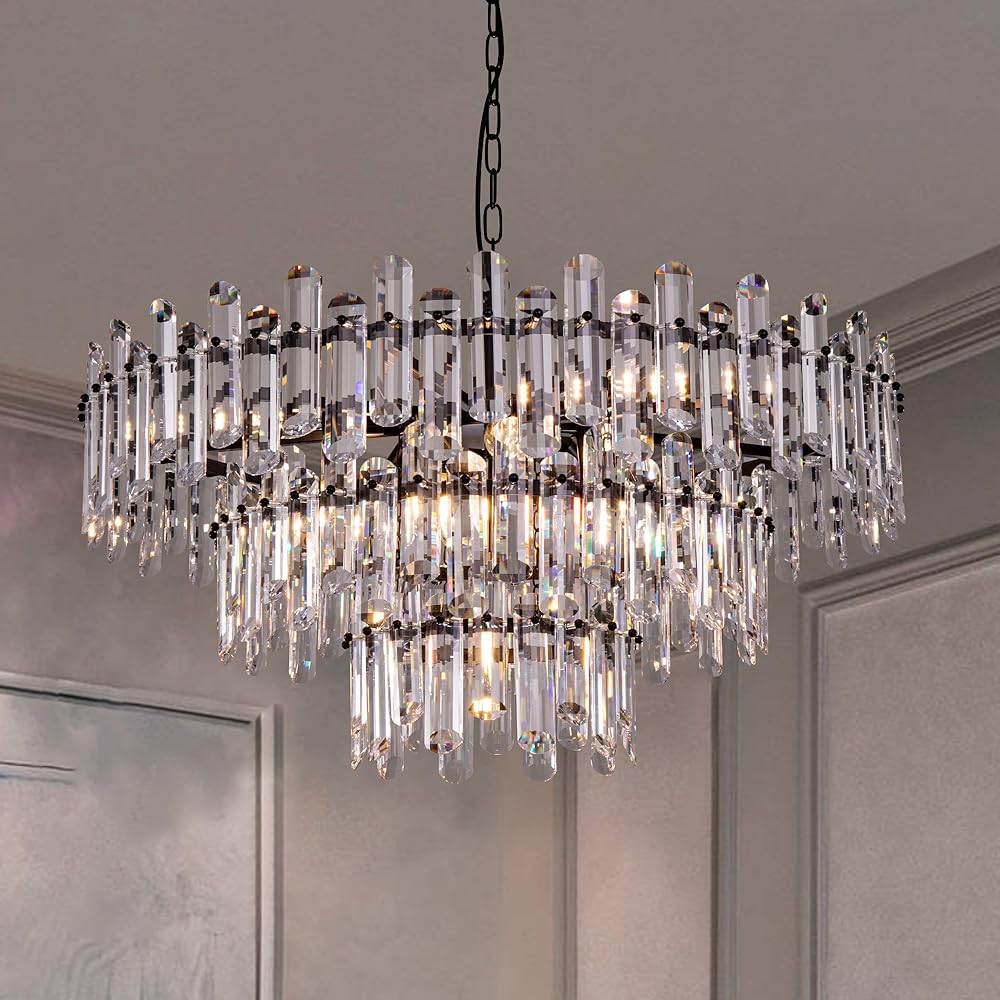 Wellmet Boho Black Crystal Chandelier, 31'' Large Crystal Chandelier, Crystal Black Pendant Light Fit Living Room, Foyer, Entryway, Hallway, Bedroom, Dining Room