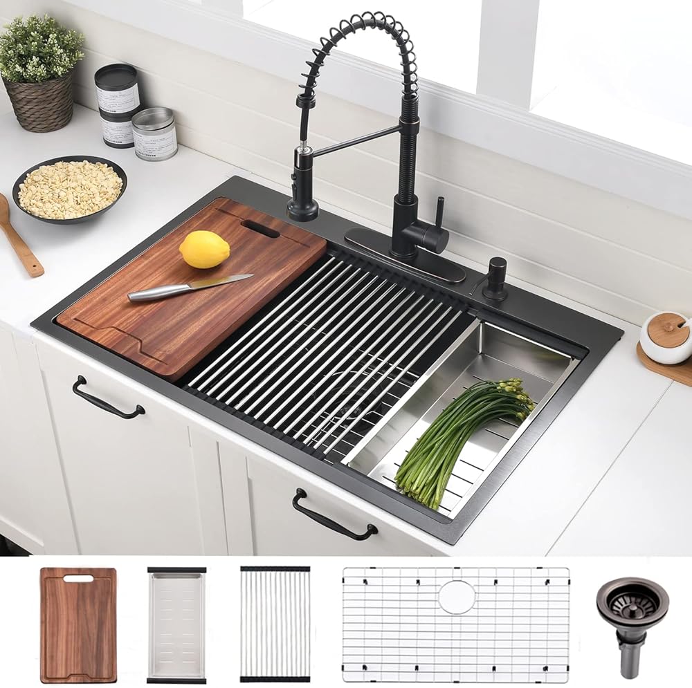 33x22-Inch Gunmetal Black Drop In Kitchen Sink Workstation - VOKIM 33 Inch Single Bowl Kitchen Sink 16 Gauge Stainless Steel 10'' Deep Handmade Kitchen Sink with Cutting Board& Strainer