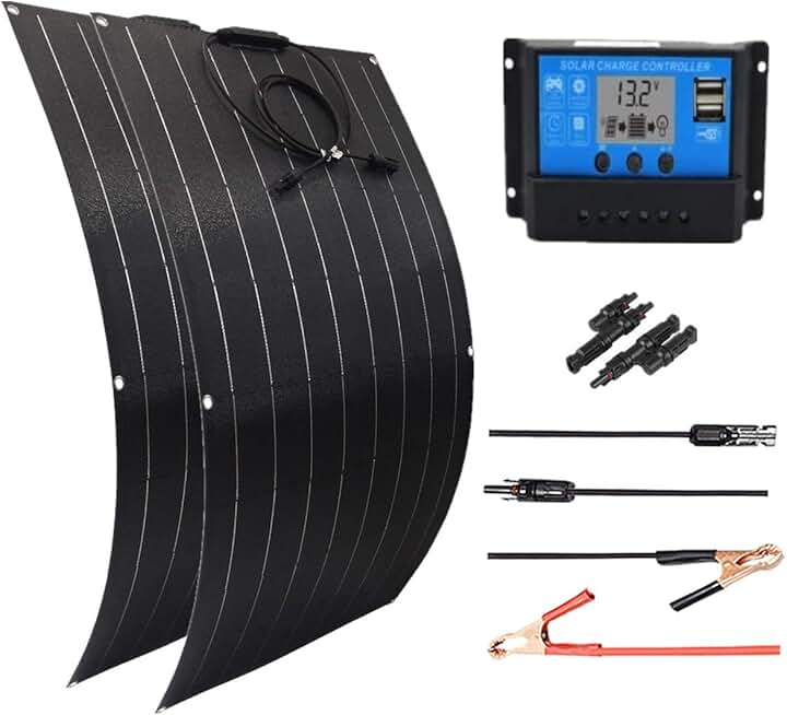 200W 12V Solar Kit 2PCS 100W Flexible Monocrystalline Solar Panel 20A Charge Controller Extension Cable for Caravan RV Boat Camper 12V Battery Charger