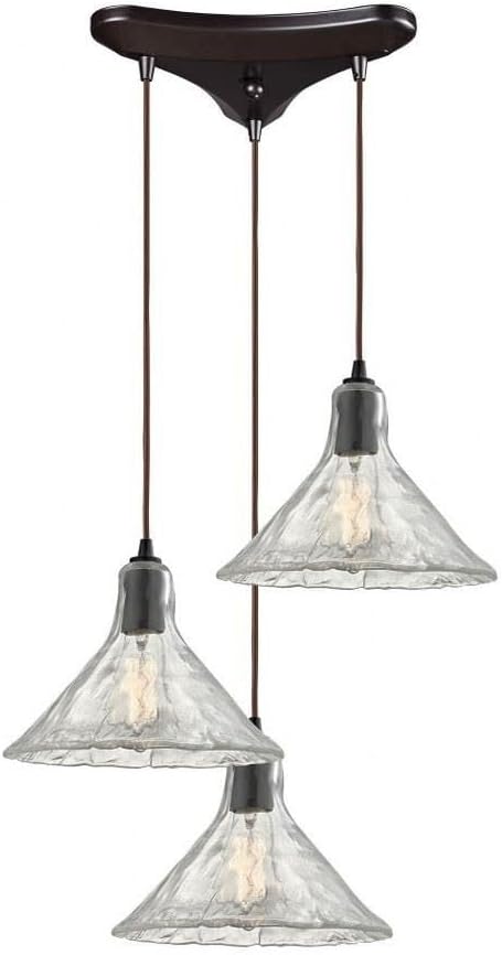Hand Formed Glass Mini Pendant - 3-Light in Oil Rubbed Bronze Finish, with Clear Textured Glass, Transitional Style