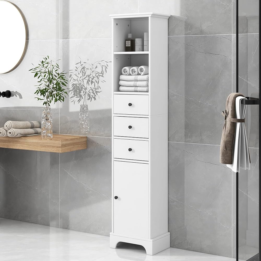 Merax Tall Bathroom Storage Cabinet, Slim Linen Tower with 3 Drawers and Door, Adjustable Shelves, White