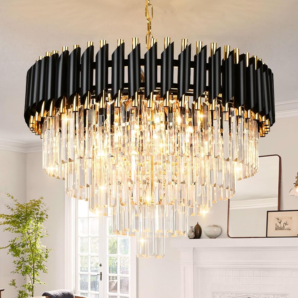 Modern Crystal Chandelier Luxury Black and Gold Chandelier Contemporary Round Crystal Pendant Light Fixture for Dining Room Kitchen Island Entryway 23.6 in 5-Tier Crystal Hanging Light