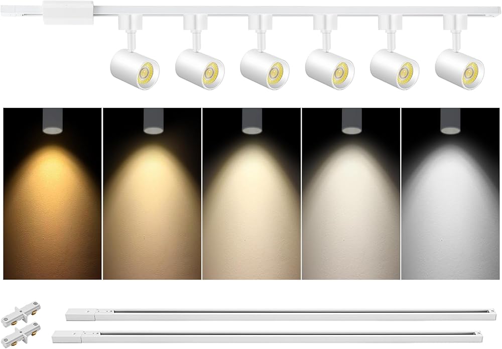 VANoopee 5 Color 6-Light LED Track Lighting Kit with 6.6FT H Type Track Lighting Rail and Floating Canopy Connector, Dimmable LED Track Light Heads Kitchen Track Lighting Fixtures 10W 800lm White