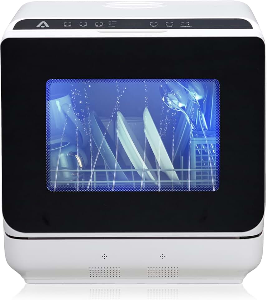 Dishwasher Countertop with 5L Built-in Water Tank, Portable Dishwashers for Apartments RVs, 5 Washing Programs, PTC Hot Air Drying & Inlet Hose, 360° Dual Spray Arm, Mini Dish Washer for Dorm