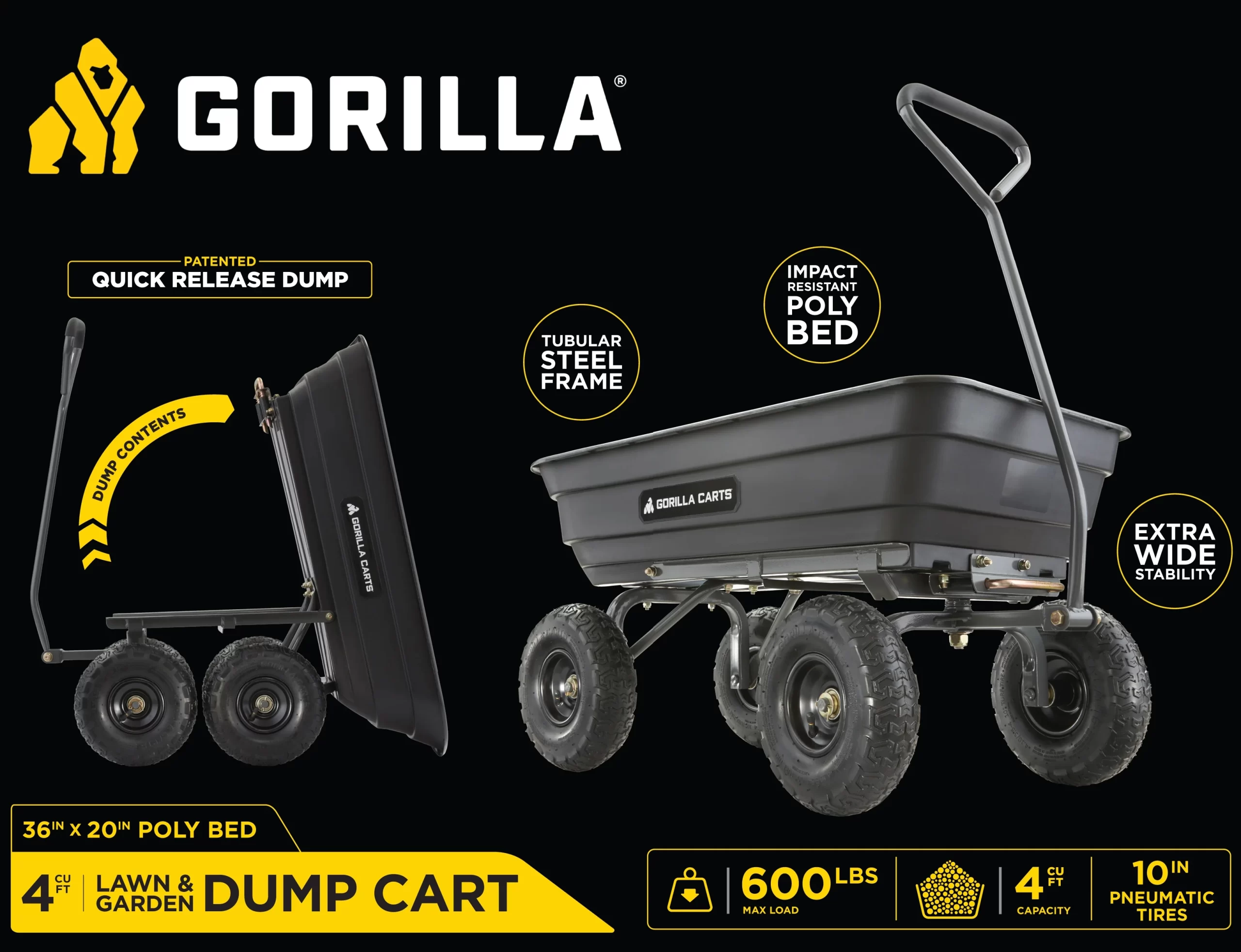 Gorilla Carts GOR4PS 600-lb. Poly Garden Dump Cart with 10  Tires