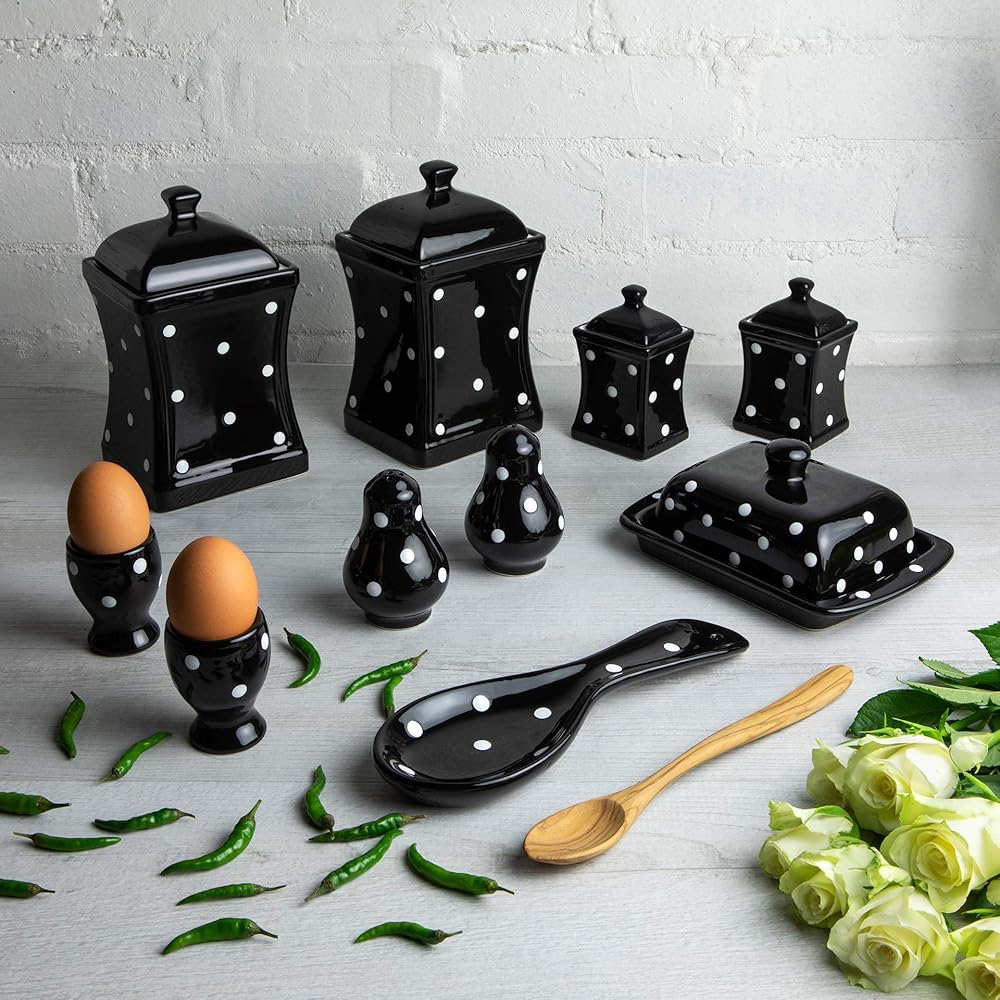 City to Cottage Handmade Black and White Polka Dot Ceramic Kitchen Serving, Storage Set of 10 | Large & Small Canisters, Butter Dish, Egg Cups, Salt & Pepper Shakers, Spoon Rest, Housewarming Gift