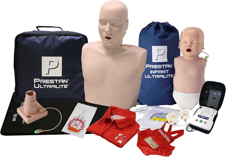 MCR Medical PRESTAN Ultralite CPR Manikin Bundle (1 Adult, 1 Infant), Medium Tone with AED UltraTrainer (Single) & MCR Accessories