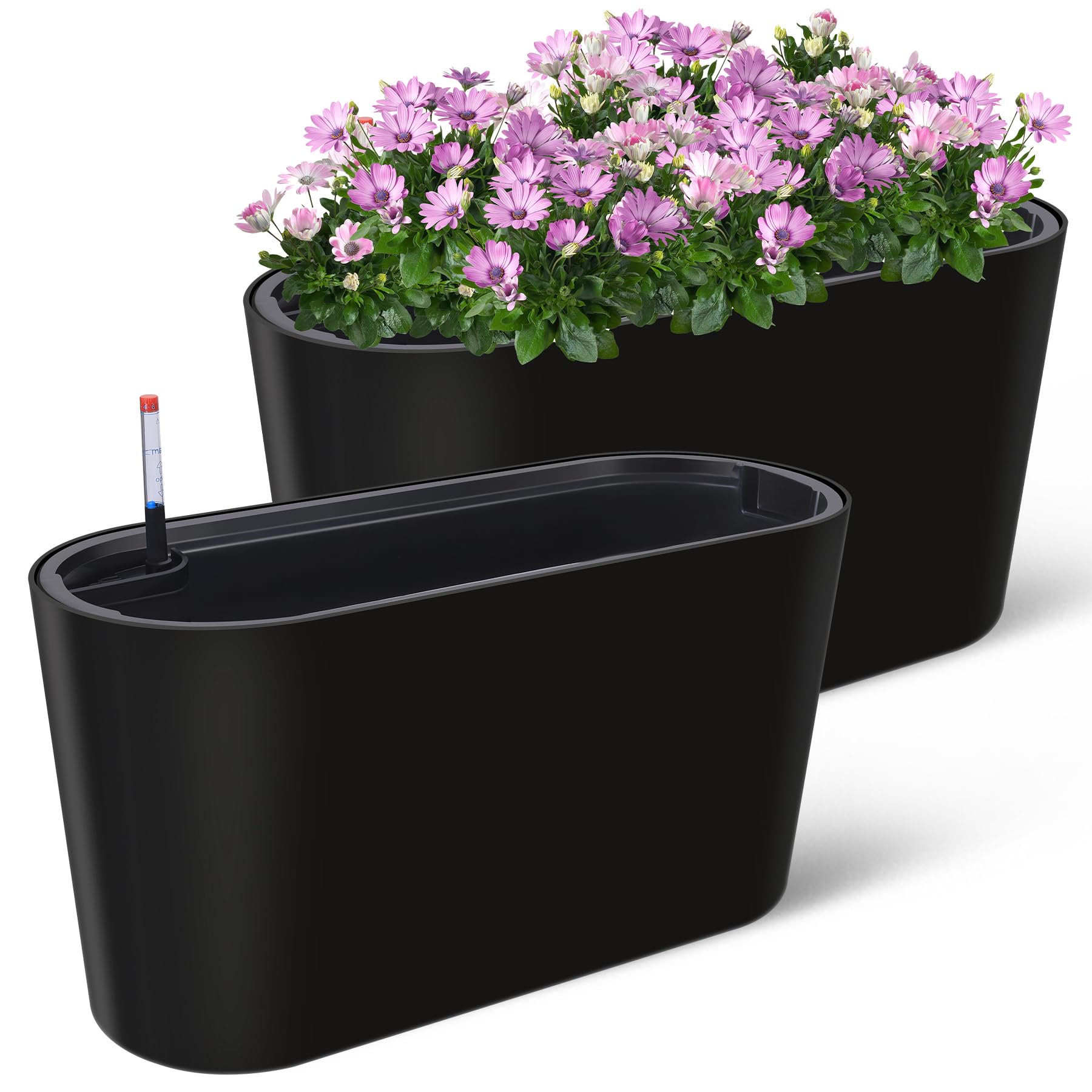 Ataucjin Tall Oval Planter for Outdoor Patio/Porch,Plastic Planter of 2All-Weather with Removable Insert Bucket,Modern Design for Plants, Flowers,Garden,Black