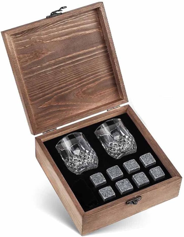 8pcs Whiskey Stones Set Chilling Stones 2 Glasses Wooden Box Chilling Rocks Reusable Ice Cubes for Whiskey Wine Beer Cool Drinks