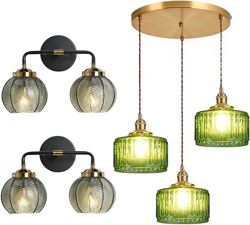 Bathroom Light fixtures Mid Century Wall Sconce 2-Lights with Green Striped Shade, 3-Light Mid Century Modern Chandelier Green Glass Pendant Light