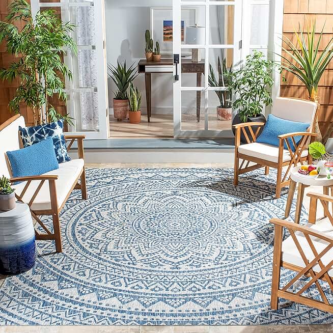 SAFAVIEH Courtyard Collection 9' Round Light Grey/Blue CY8734 Indoor/ Outdoor Waterproof Easy Cleaning Patio Backyard Mudroom Area Rug