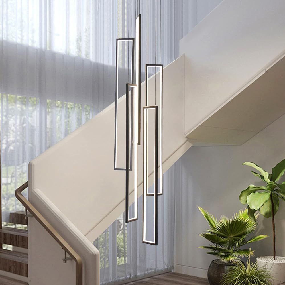 Modern Chandelier 5 Lights Cluster LED Black Long Large Hanging Pendant Lighting High Ceiling Fixture for Hallway Stairs Staircase Remote Control
