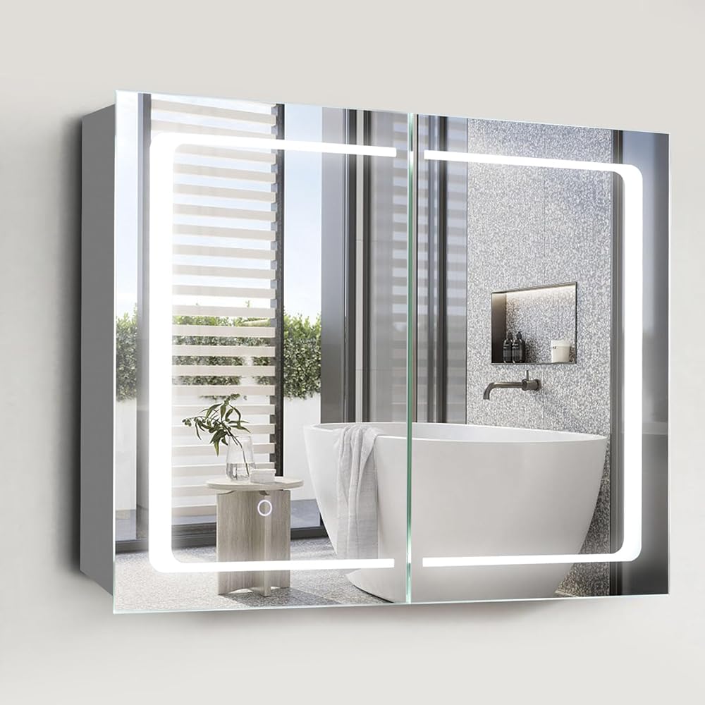 Movo Lighted Bathroom Mirrored Medicine Cabinet,24 x 32 Inch Surface Mount Medicine Cabinet with Mirror and LED Light,Double Doors Bathroom Cabinet with Storage Shelves,3-Color Temper Lights