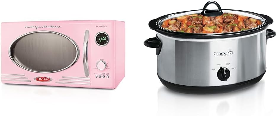 Retro Countertop Microwave Oven - Large 800-Watt - 0.9 cu ft & Crock-Pot 7 Quart Oval Manual Slow Cooker, Stainless Steel (SCV700-S-BR)