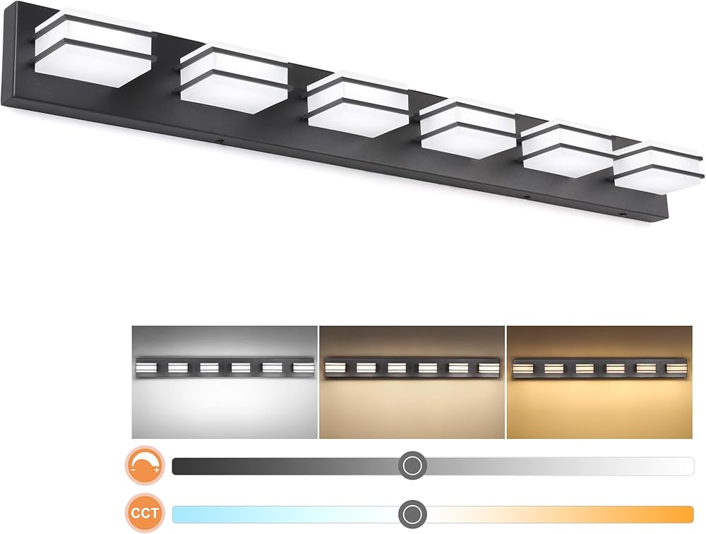 3 Color Temperature Dimmable Vanity Lights for Bathroom Black 6 Light Bathroom Vanity Light Fixtures Acrylic Stainless Steel Square Shade Light Fixtures for Bathroom above Mirror, ETL Certificated