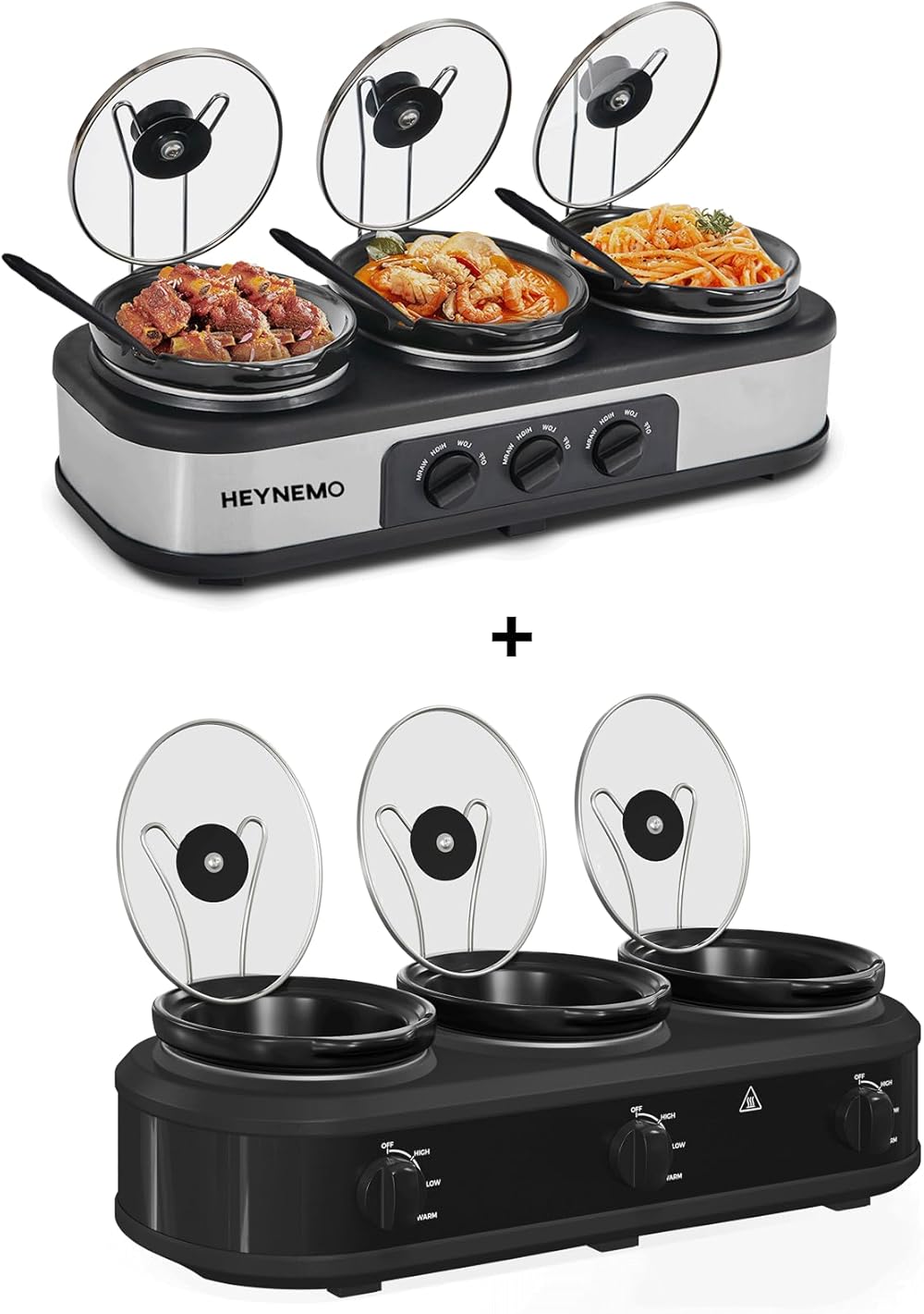 Triple Slow Cooker, 3 x 1.5 QT Portable Small Dual Crock Cooker Sliver & Black