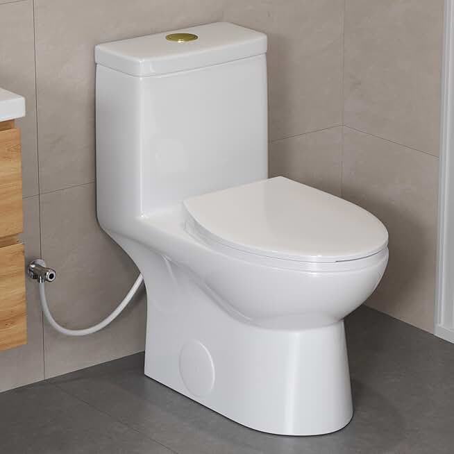 HR-LT137WG One Piece Toilet with Gold Flush Button, Elongated Toilet with Comfortable Seat Height & Soft Closing Seat Include, 12 Rough-In, 27.1x 14.6x 29.3 inches, White
